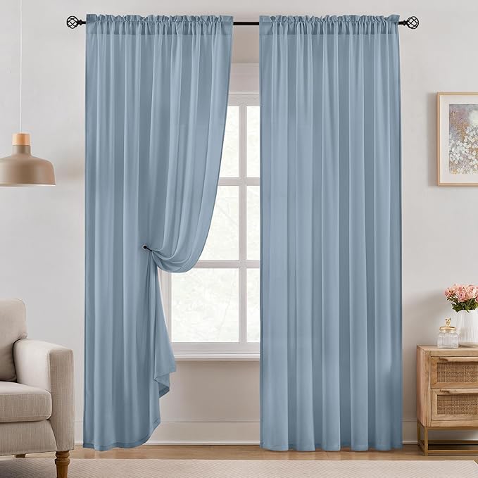 HOMEIDEAS Non-See-Through Stone Blue Privacy Semi Sheer Curtains 84 Inches Long - Image 2