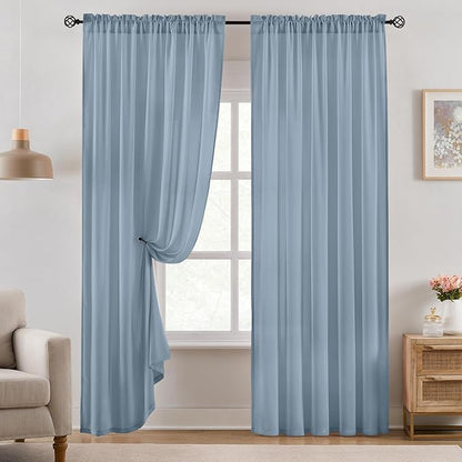 HOMEIDEAS Non-See-Through Stone Blue Privacy Semi Sheer Curtains 84 Inches Long - Image 2