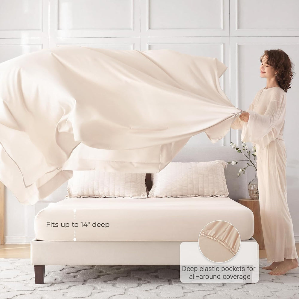 MUXHOMO King Comforter Set 7 Pieces, Seersucker Bed in a Bag, Beige