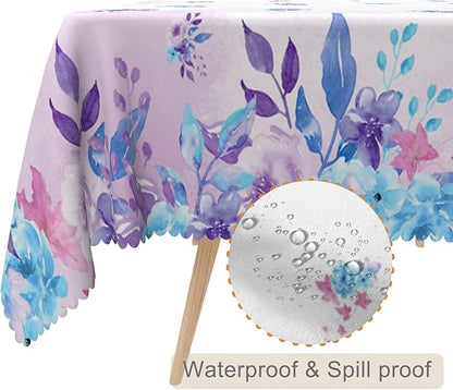 60x108inches Floral Rectangle Tablecloth Watercolor Purple Blue Flowers Printed - Image 2