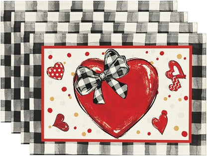Artoid Mode Buffalo Plaid Red Heart Valentine Placemats Set of 4, 12x18 Inch by ArtoidMode