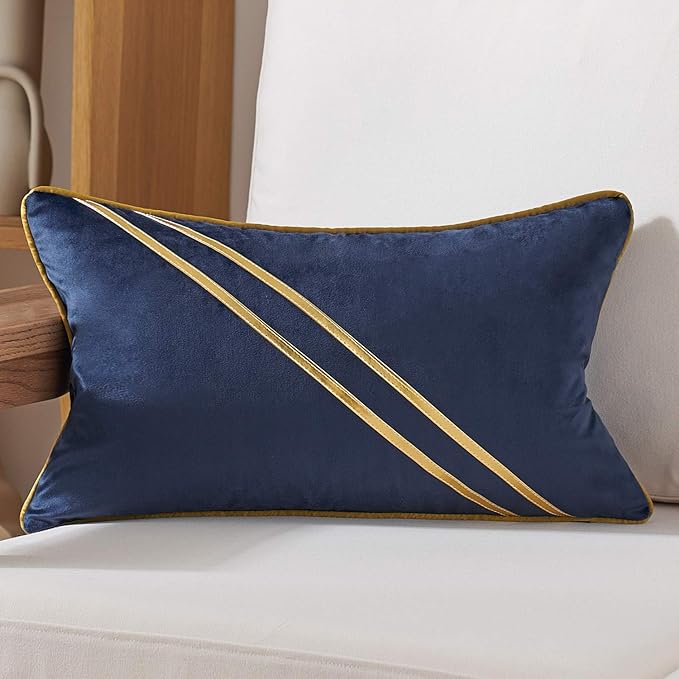 Avigers 12 x 20 Inch Navy Blue Gold Leather Striped Lines Velvet Cushion Case by Avigers