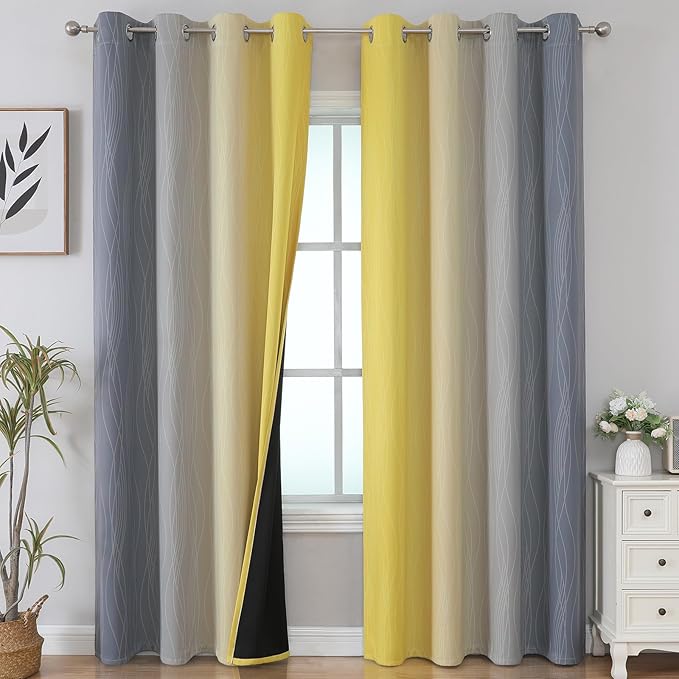 Estelar Textiler Yellow and Grey Blackout Curtains 102 Inch Length 2 Panels Set - Image 2