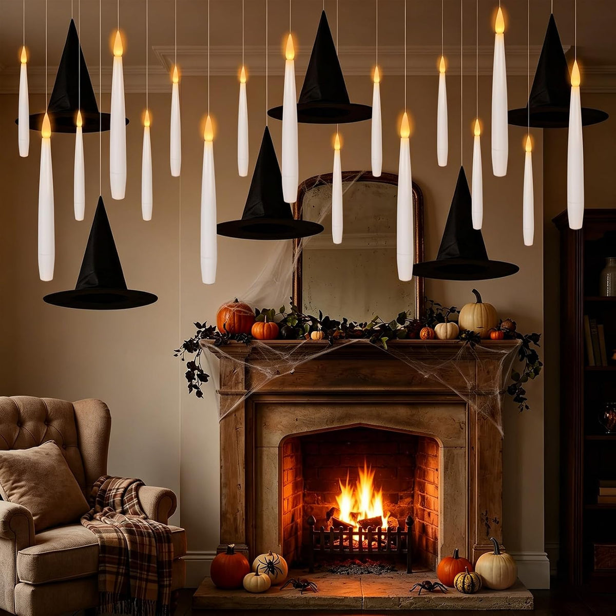 20PCS Halloween Flameless Floating Candles with Wand Remote & Witch Hat