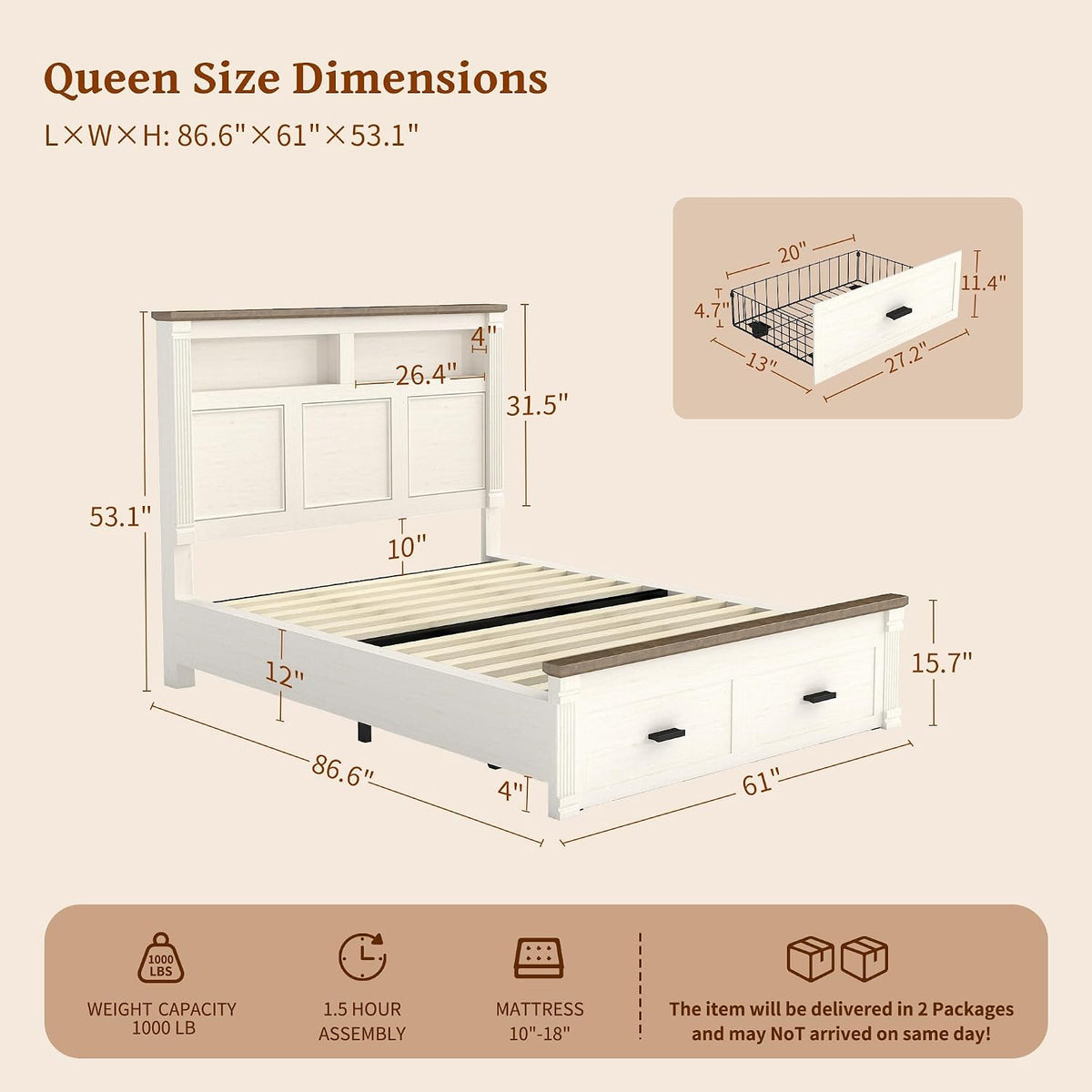 farmhouse 53" tall queen bed frame, headboard& 2 shown in use