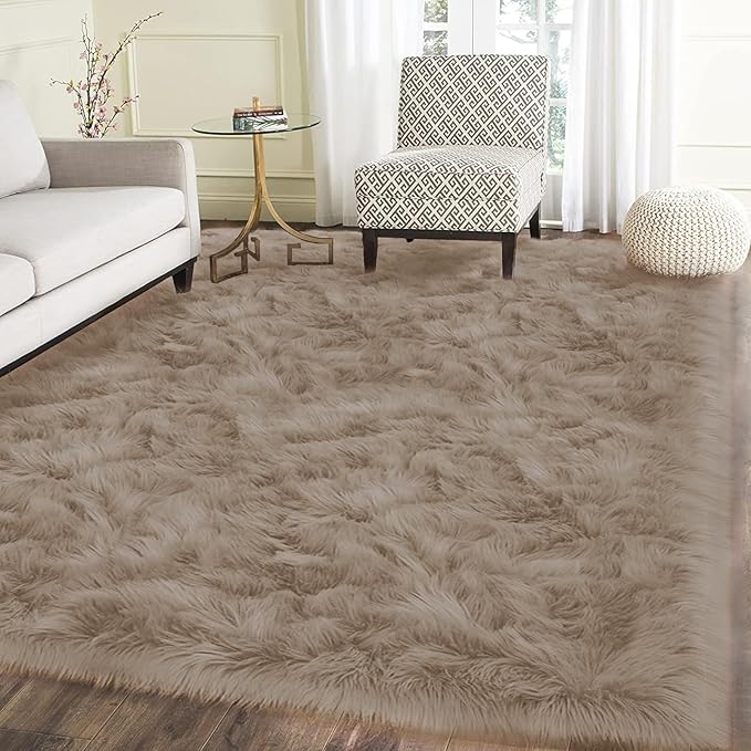 Latepis Living Room Carpet Brown Beige Large Area 6x8 Rug Washable Faux Fur Rug by Latepis