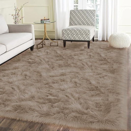 Latepis Living Room Carpet Brown Beige Large Area 6x8 Rug Washable Faux Fur Rug by Latepis