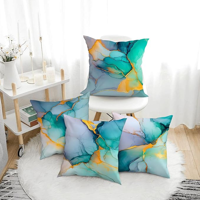 Marble Texture Turquoise Decorative Throw Pillow Covers Teal Gold Pillow Cases - Image 5