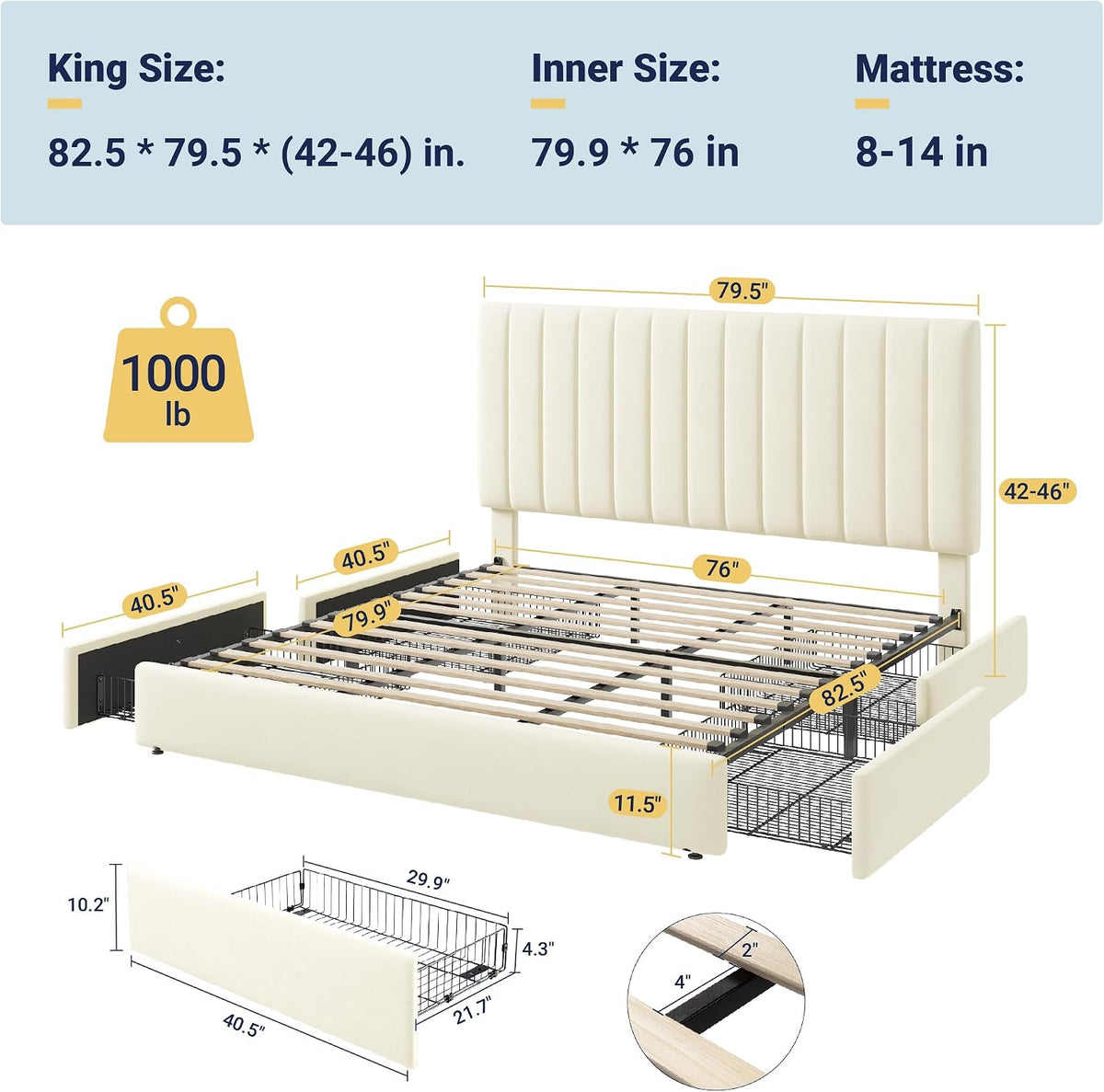allewie king size storage bed frame, vertical channel shown in use