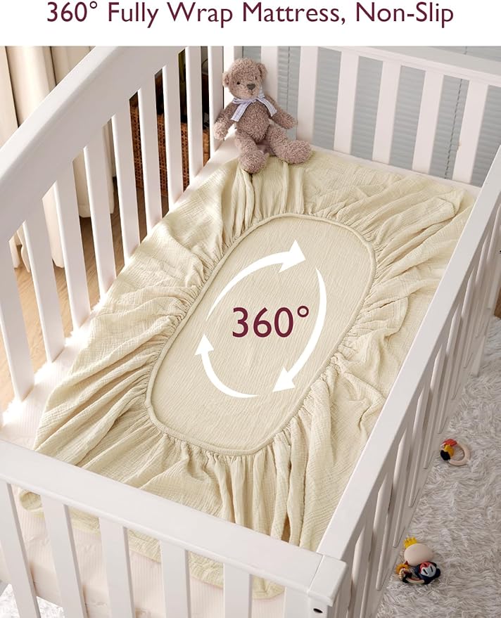 Momcozy Muslin Standard Fitted Crib Sheets, 2 Pack Soft Breathable Natural - Image 6
