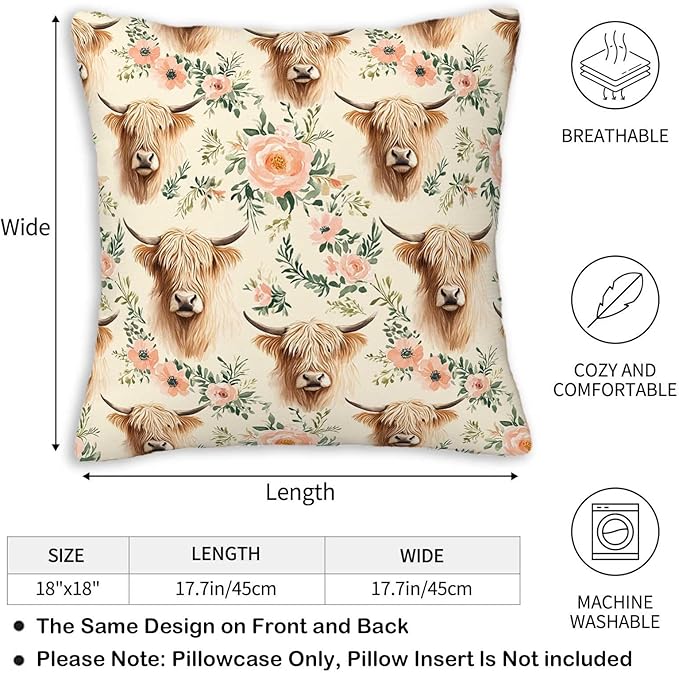 Highland Cow Throw Pillow Covers Set of 2 | 18x18 Inches Cushion Cases - Image 5