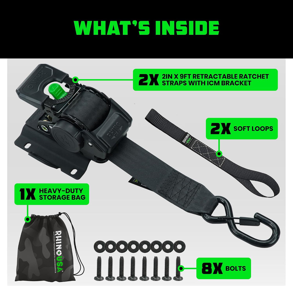 rhino usa bed-mounted retractable ratchet straps - for, package contents