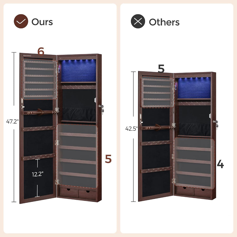 SONGMICS 6 LEDs Mirror Jewelry Cabinet, 47.2-Inch Tall, Lockable