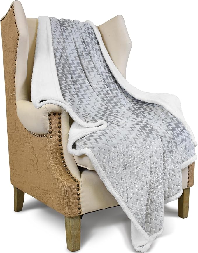 Catalonia Silky Soft Grey Sherpa Throw Blanket, Flannel Chevron Micro Plush by Catalonia