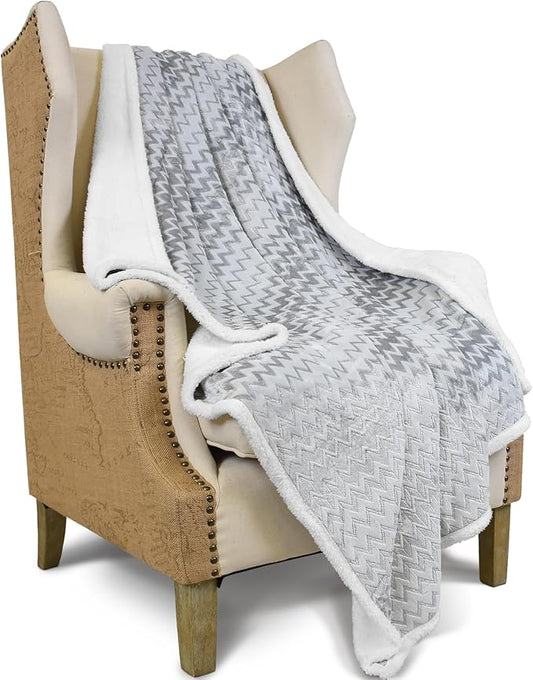 Catalonia Silky Soft Grey Sherpa Throw Blanket, Flannel Chevron Micro Plush by Catalonia