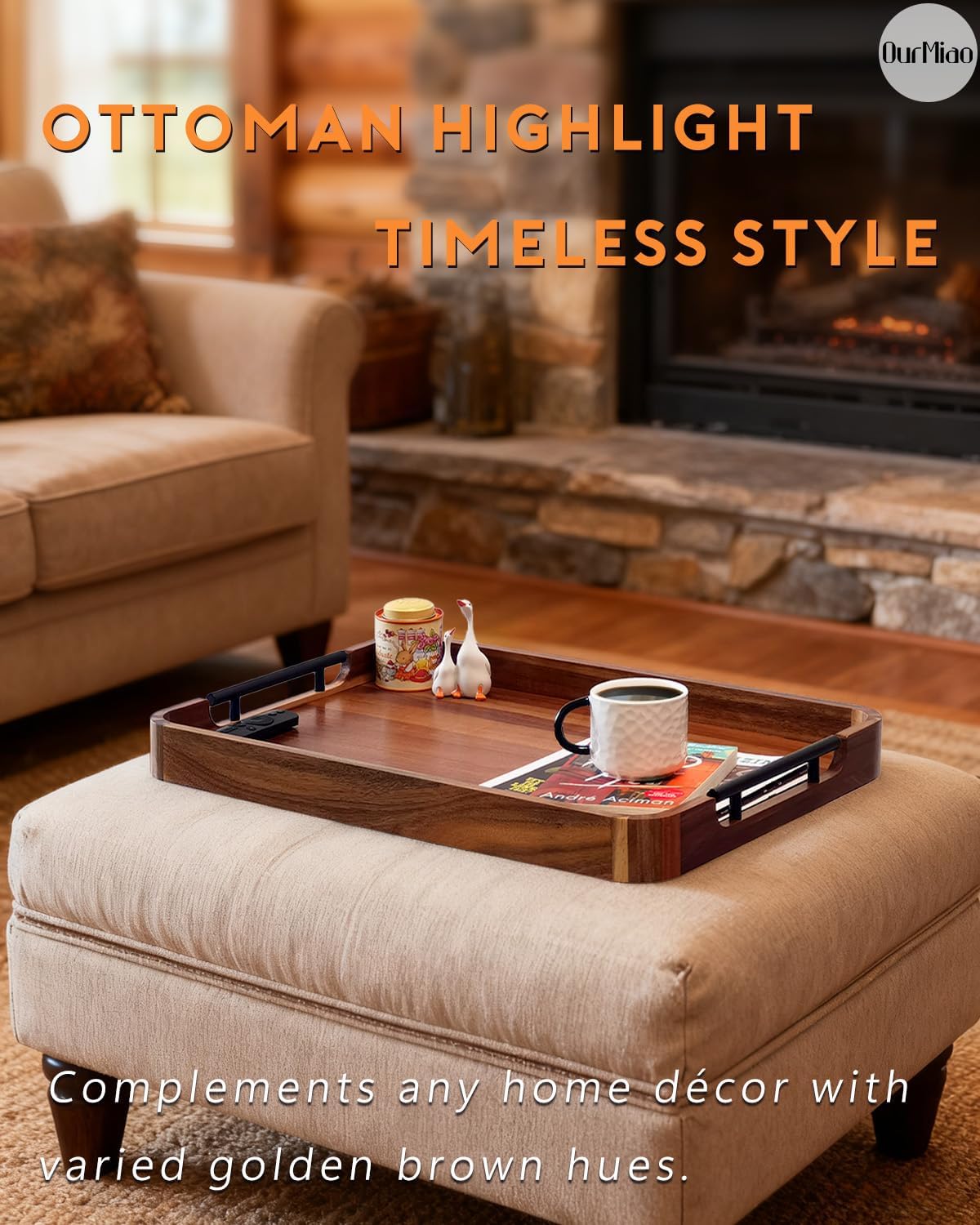 22-in acacia wood ottoman serving tray with handle, close-up detail