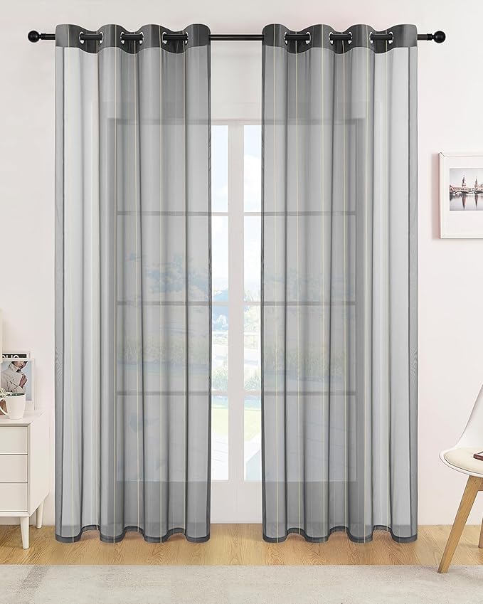 Foil Stripe Grey Sheer Curtains 84 inches Length 2 Panels by MISSTIAM