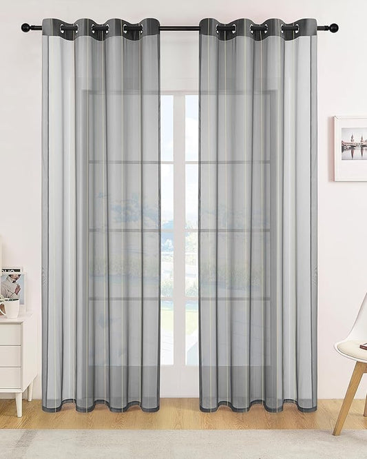 Foil Stripe Grey Sheer Curtains 84 inches Length 2 Panels by MISSTIAM