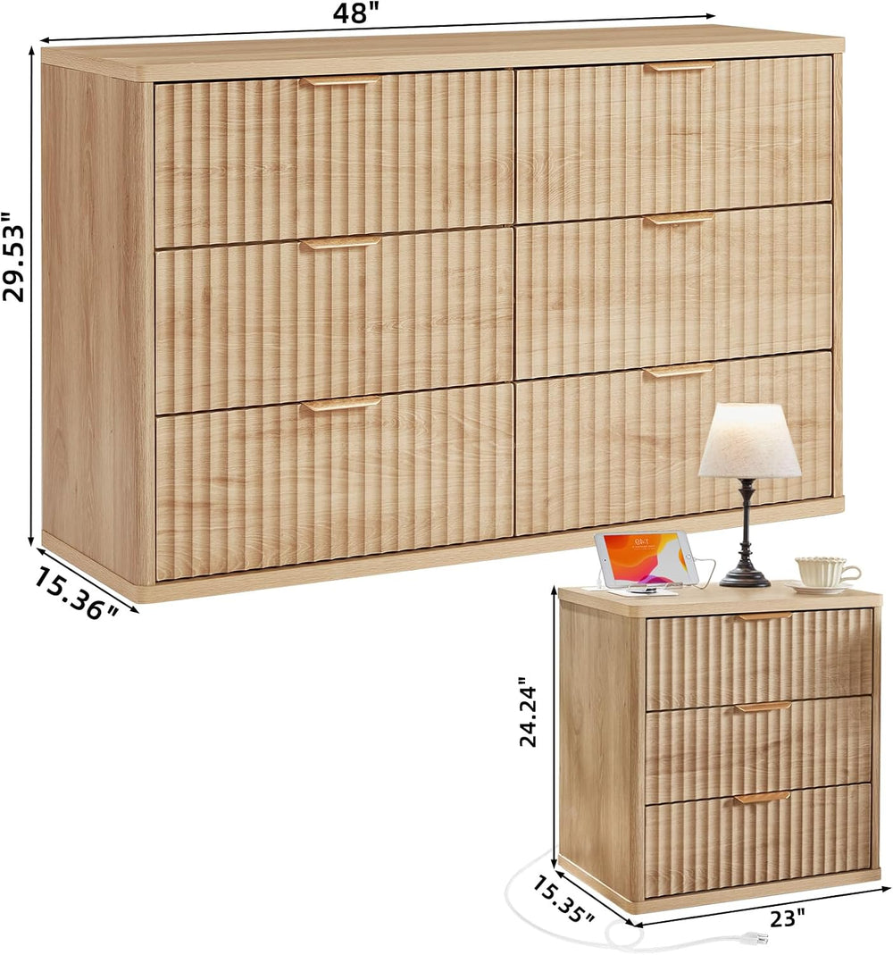 LEYAOYAO Fluted Dresser and 3 Drawers Nightstand Set of 2, Wood 48" Wide...