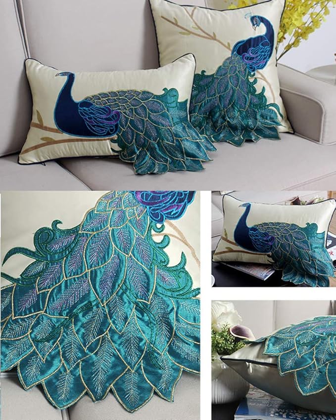 vctops Embroidered Peacock Decorative Throw Pillow Case Silky Satin Cushion - Image 2