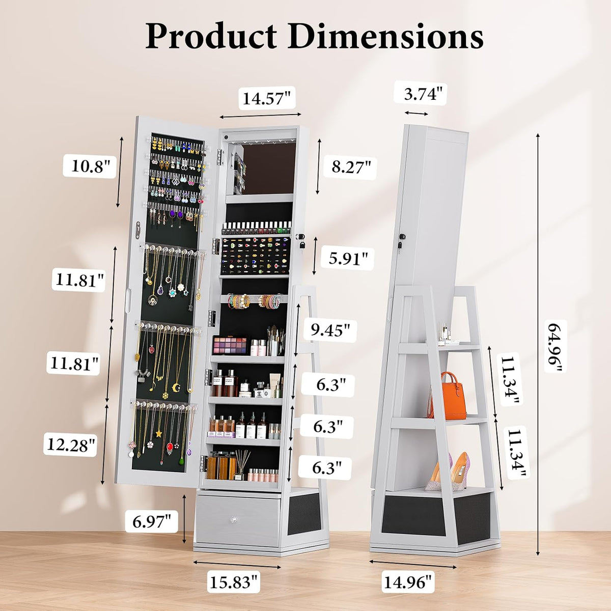 rotatable 6 leds jewelry armoire with drawer, white shown in use