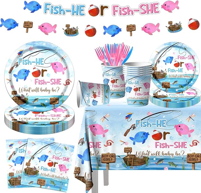 GREHUMOR Gone Fishing Gender Reveal Party Tableware 142Pcs Fish She or Fish He by GREHUMOR
