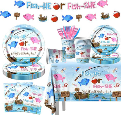 GREHUMOR Gone Fishing Gender Reveal Party Tableware 142Pcs Fish She or Fish He by GREHUMOR