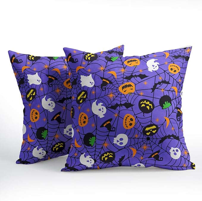 Halloween Purple Throw Pillow Covers 22x22 inch Set of 2 Humour Pumpkins Ghost - Image 2