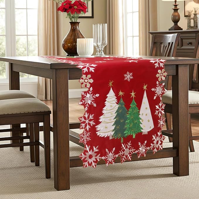 Christmas Tree Table Runner Embroidered Xmas Red White Snowflakes Runners Snow - Image 6