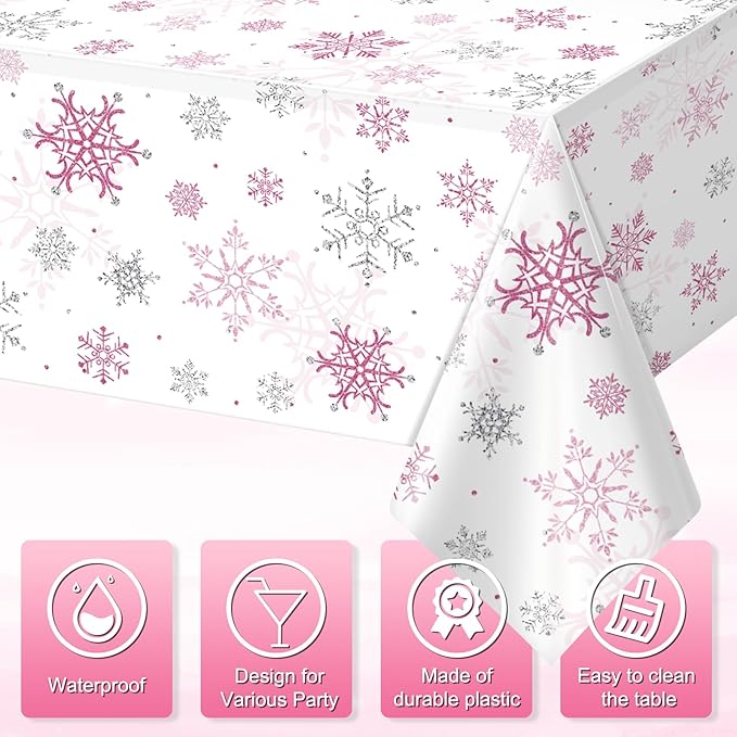 6 Pcs Christmas Snowflake Party Tablecloths Decorations, Plastic Pink Winter - Image 3