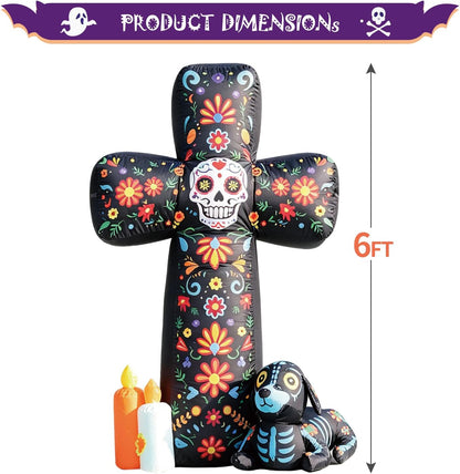 DomKom 6 FT Halloween Inflatable Outdoor Decorations, Day of the Dead Cross Blow Up with Skeleton Dog & Candles, Built-in LED Lights, Día de Los Muertos Yard Decoration for Lawn, Garden, Porch