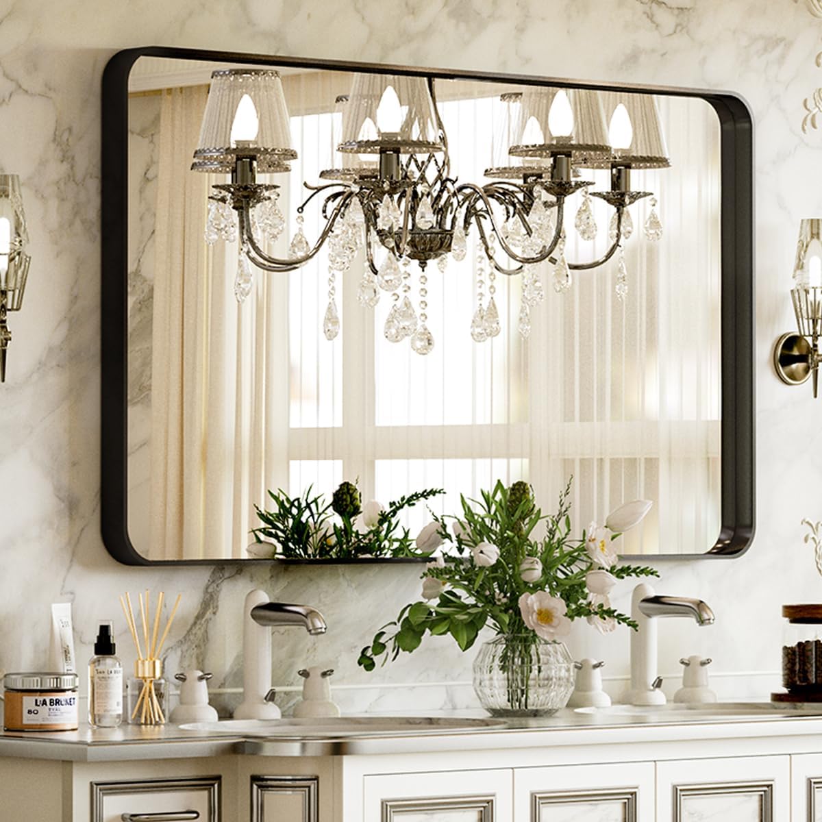 voobang bathroom mirror 24"x32", black gorgeous deep frame shown in use