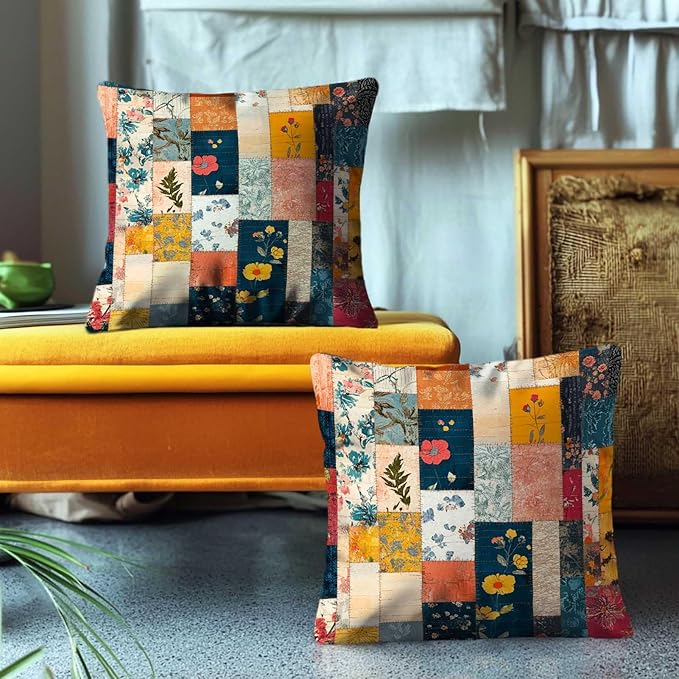 Floral Patchwork Style Pillow Covers 18x18 Set of 2 | Farmhouse Style - Image 4