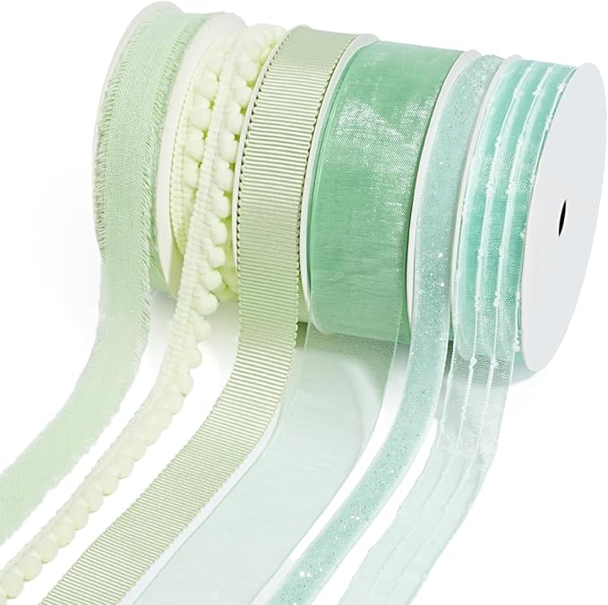 LaRibbons Green Ribbons for Crafts 6 Rolls Assorted Mint Green Ribbons for Gift by LaRibbons