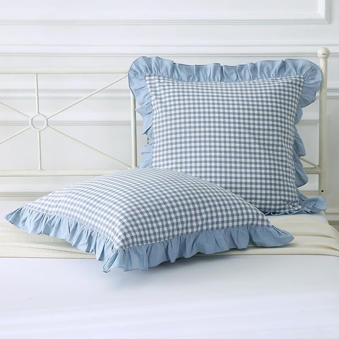 Dusty Blue Plaid Ruffle Decorative Throw Pillow Covers by Mywinlle
