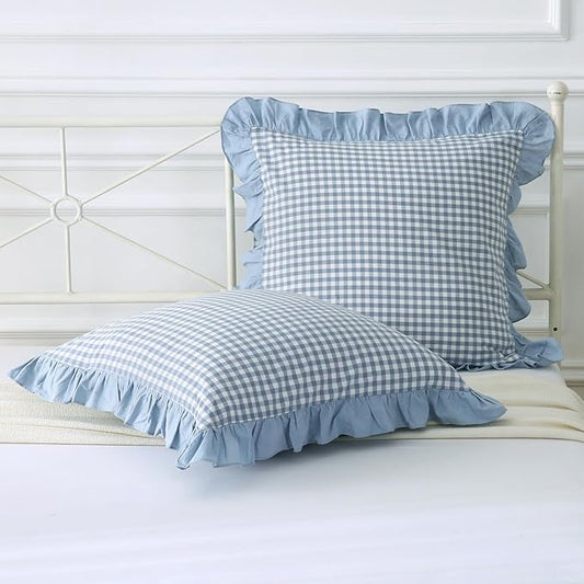 Dusty Blue Plaid Ruffle Decorative Throw Pillow Covers by Mywinlle