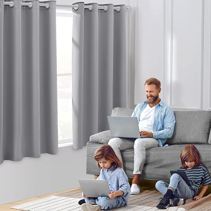 HOMEIDEAS Light Grey Blackout Curtains 52 X 63 Inch Bedroom Curtains Set of 2 - Image 2