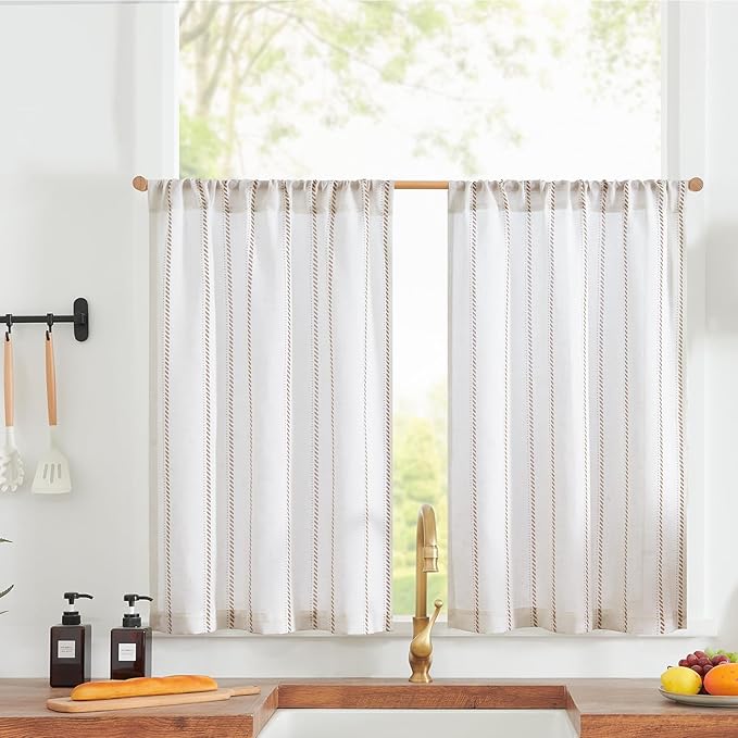 jinchan Linen Striped Kitchen Curtains Tier Cafe Curtains by JINCHAN