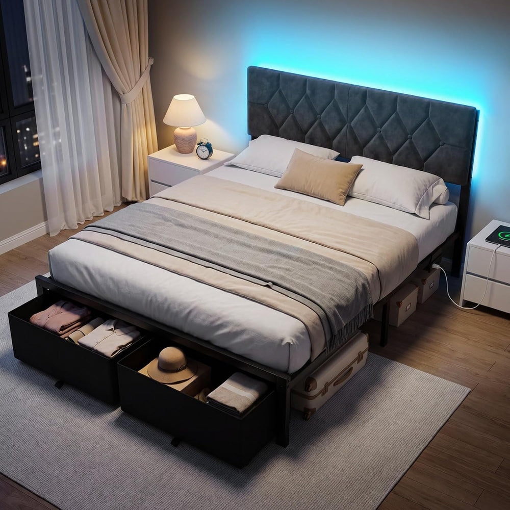 Queen Size Bed Frame with 2 Storage Drawers & Upholstered Headboard