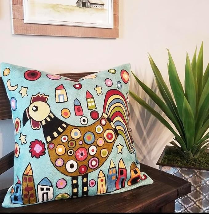 Blue Rooster Throw Pillow Cover Karla Gerard Folklore Pillowcase Cock Bird - Image 2