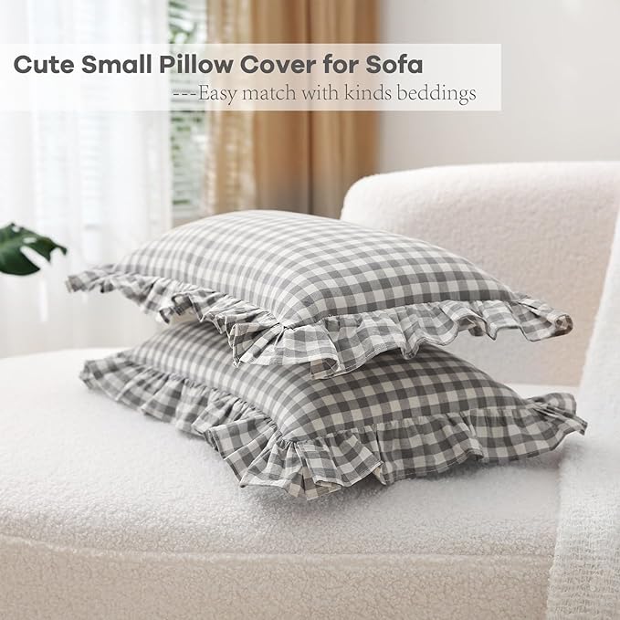 2 Pack Grey White Plaid Ruffle Gingham Lumbar Pillow Covers, 100% Washed Cotton - Image 4