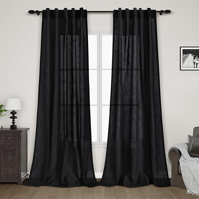Black Semi Sheer Curtains 108 Inches Long 2 Panels Set Back Tab Loop Pocket by Nanspring