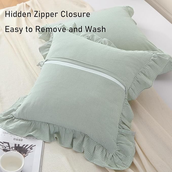 2 Pack Light Green/White Ruffle Plaid Throw Pillow Covers Farmhouse Gingham - Image 4