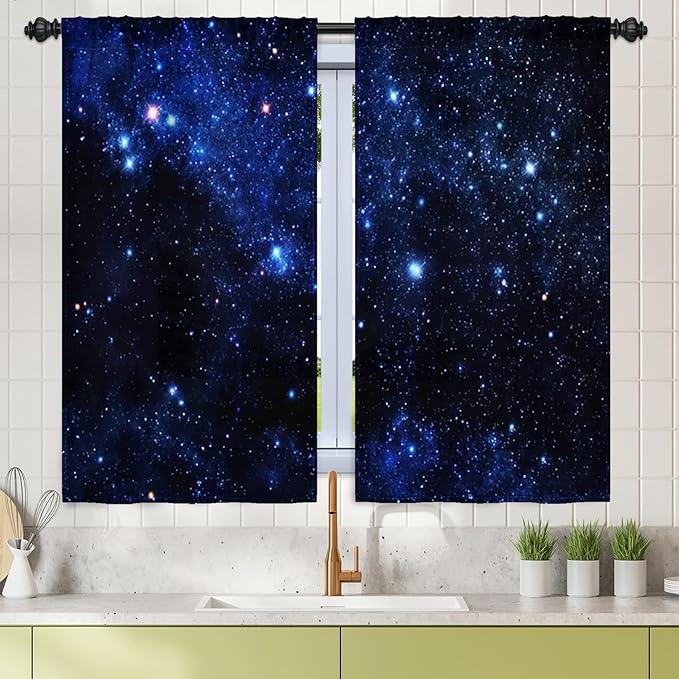 Renaiss 26 x 45 Inch Universe Kitchen Curtains Night Blue Galaxy Cafe Short by Renaiss