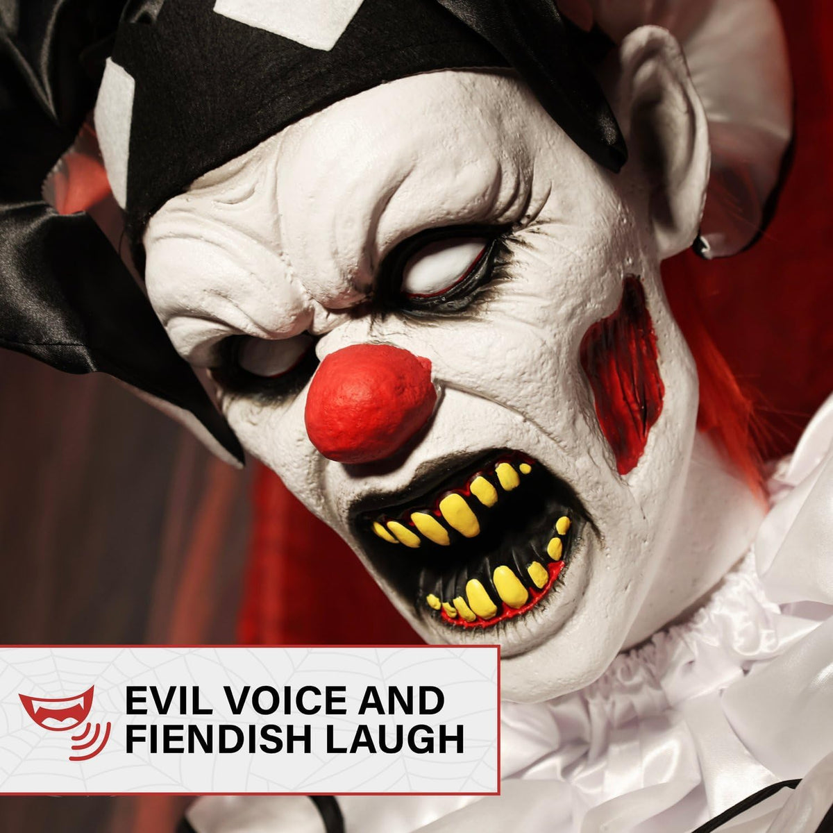 Haunted Hill Farm Hartley The Sitting Scare Clown by Tekky, Motion-Activated Talking Jump-Scare Halloween Animatronic for Halloween Party Prank Decoration, Plug-in or Battery Operated Halloween Props