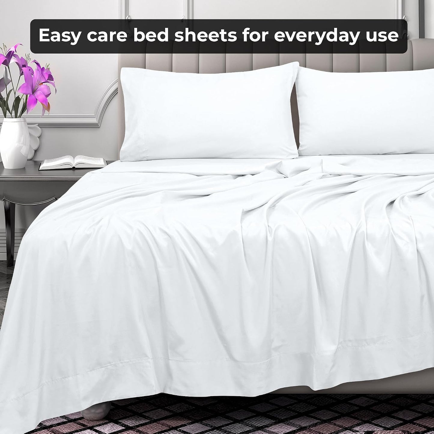 Royale Linens Queen Flat Sheet - Ultra Soft Brushed 1800 Microfiber Flat Sheets Only - Wrinkle Free & Stain Resistant - Hotel Quality Top Sheet for Bed (Queen, White)