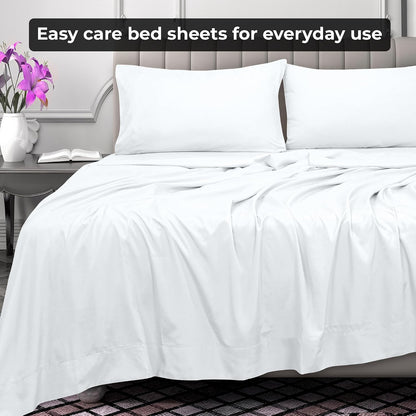 Royale Linens Queen Flat Sheet - Ultra Soft Brushed 1800 Microfiber Flat Sheets Only - Wrinkle Free & Stain Resistant - Hotel Quality Top Sheet for Bed (Queen, White)