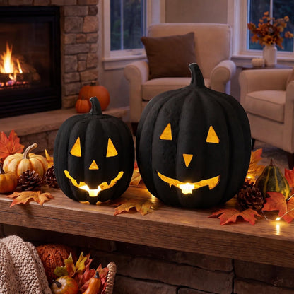 Tenceur 2 Pack Halloween Paper Mache Jack O' Lanterns Pumpkin Indoor, Black