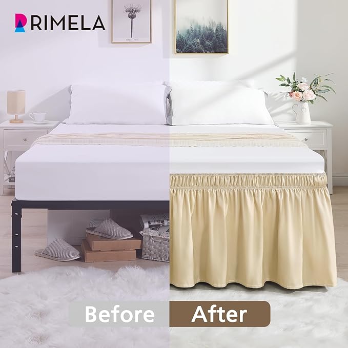 RIMELA Beige White Bed Skirt King Size 18 Inch Drop, Elastic Bed Skirting - Image 5