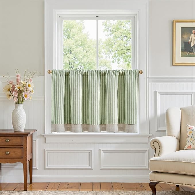 jinchan Double Layer Striped Linen Kitchen Tier Curtain Rustic Cafe by JINCHAN